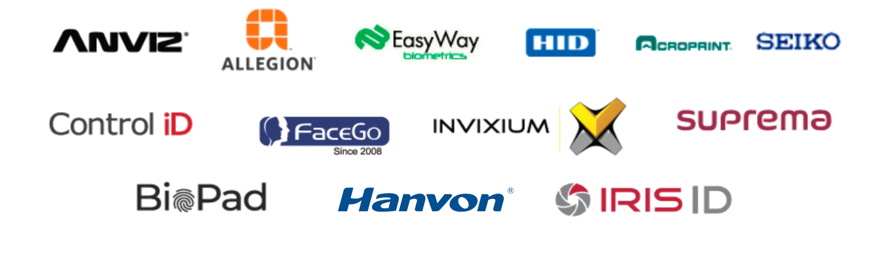 Anviz, Allegion, EasyWay, HID, Acroprint, Seiko, Control iD, FaceGo, Invixium, Suprema, BioPad, Hanvon, Iris ID